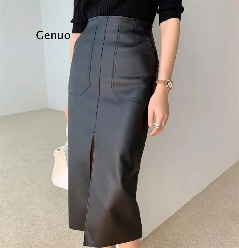 

Spring Women PU Leather Skirts High Waist Pockets Package Hip Skirt Female Front Split Zipper Midi Pencil Skirts