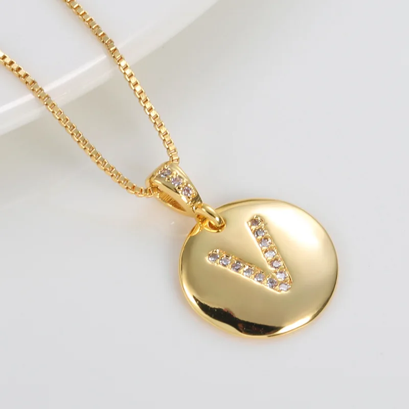 High Quality 26 Letters Crystal 14 K Plated Copper Wafer Pendant Necklace