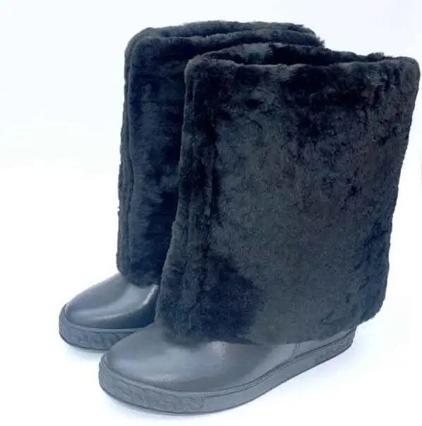 

Black Fur Leather Height Increasing 8 cm Hidden Wedge Heel Lady Round Toe Mid-calf Short Boots Fashion Warming Winter Boots