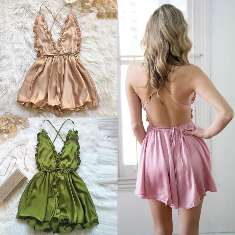 

Sexy Multi-Color Strap Sleeveless Dress Women's Pajamas Sleepwear Women Khaki Green Pink Lingerie Nightgowns