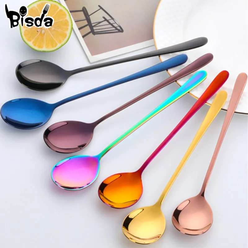 Korean Spoon with Long Handle, Stainless Steel Dinner Spoon,Gold Soup Spoon, Dessert, Ice Scoop, Kitchen, Rice, Salad Spoon