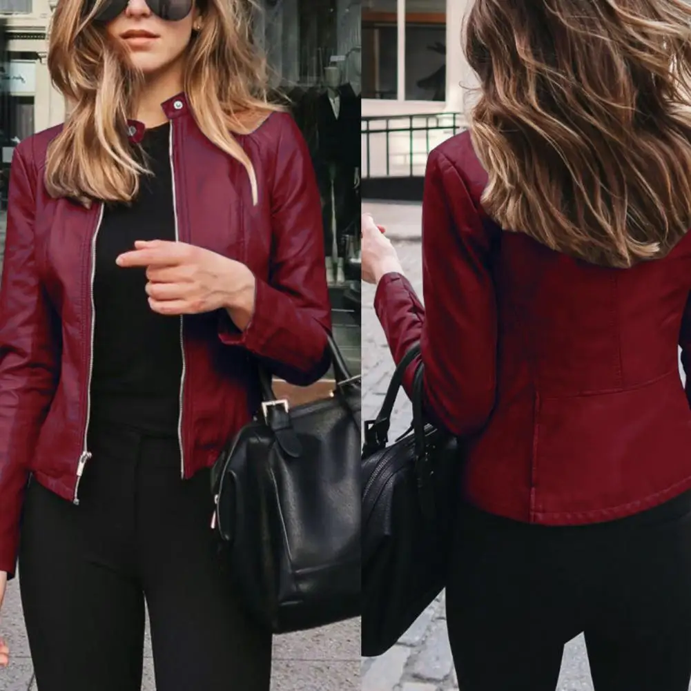 Spring Autumn Ladies Motorcycle Leather Jackets Women Stand Collar Jacket Coat Ladies Solid Zipper Leather Coat Female Outwear