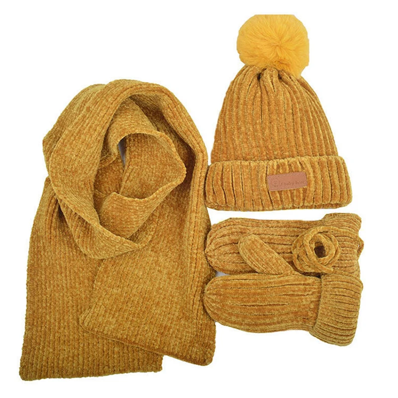 3 PCS Plush Scarf Hat Glove Set For Kid Winter Thicken Cold-Proof Hat Scarves Flocking Warm Gloves Scarves Boy Girls Scarf Set