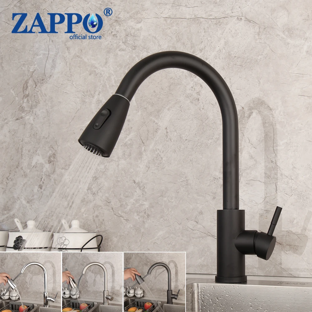 

ZAPPO Matte Black Kitchen Basin Sink Faucet 360 Swivel Deck Mounted Vessel Sink Mixer Pull Out Spout Chrome Taps Faucets