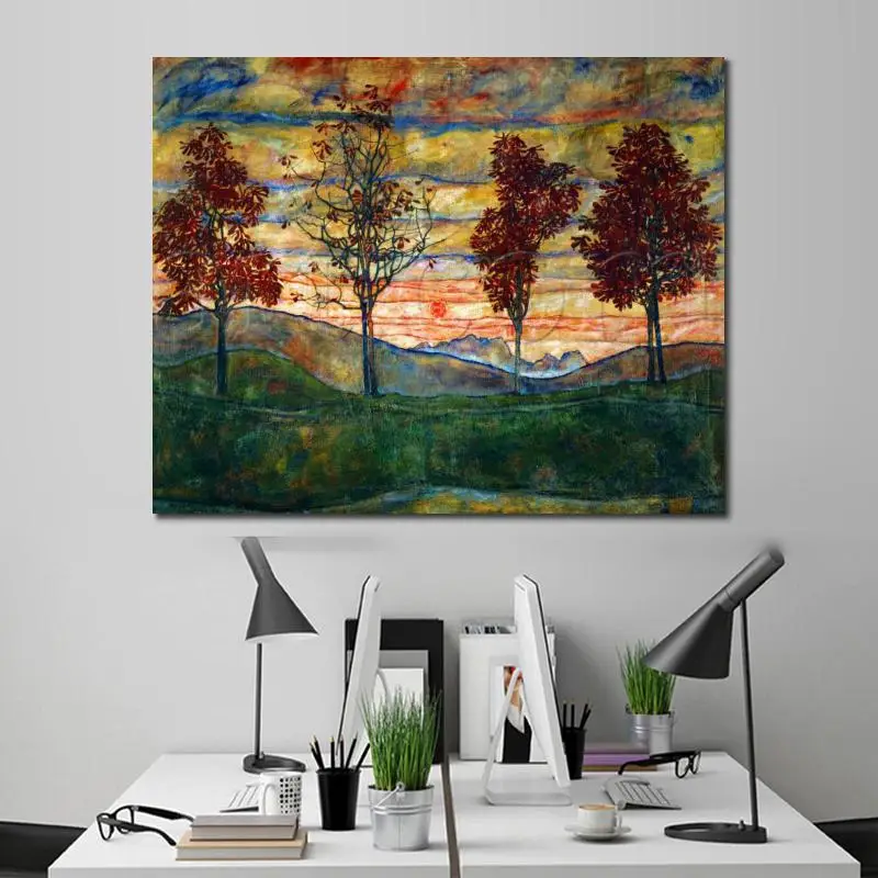 

Handmade Egon Schiele Oil Paintings Four Trees Abstract Landscape Art Colorful Canvas Artwork For For Living Room Wall Decor