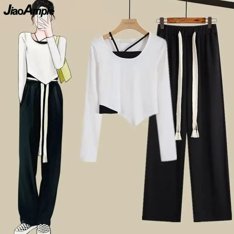 

Women's Spring Autumn Fashion Tow Pieces Set Korean Casual Irregular T Shirt+Long Wide Leg Pants Suit Student Trendy Streetwear