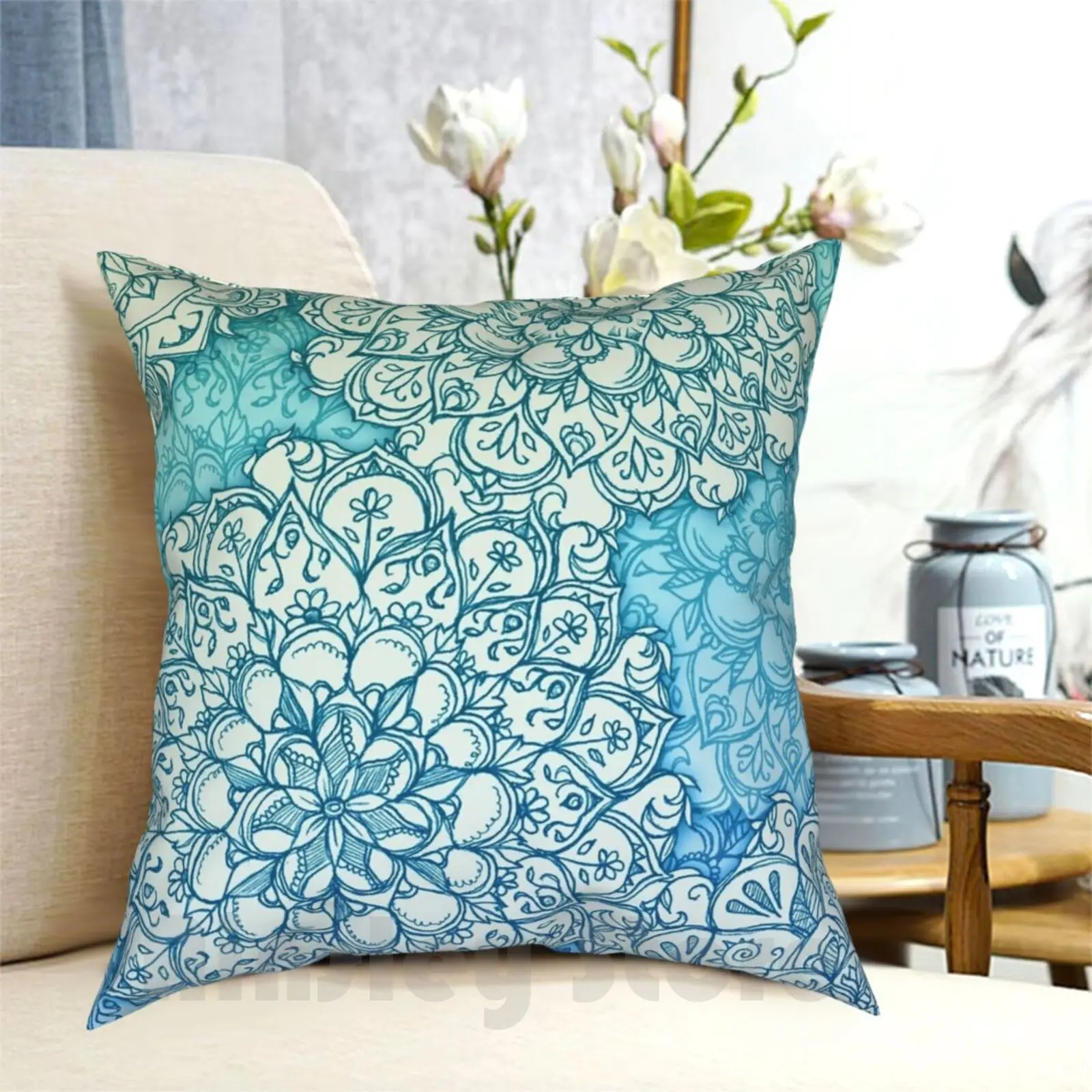 Ballpoint Pen Doodle Poem Pillow Case Printed Home Soft Throw Pillow Micklyn Blue Green Mint Aqua Cream Turquoise Navy