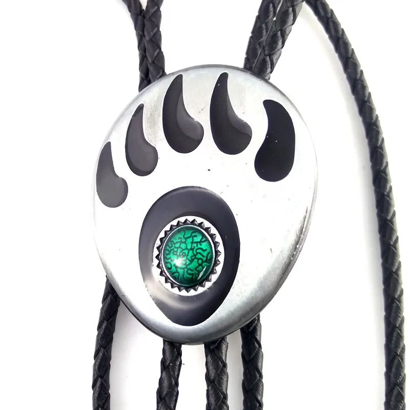 Handmade Genuine Leather Mens Bolo Tie Western Cowboy Silver Oval Buckle with Green Stone at the Center of Black Bear-Paw Design