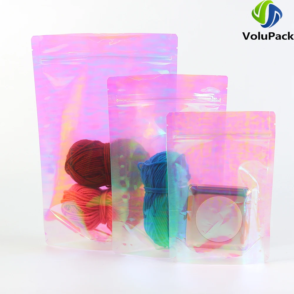 Eco Recyclable Plastic Packaging Bags, Holographic Pink Zip Lock Pouches, Smell Proof, Mylar, Living Room Organizer Bags