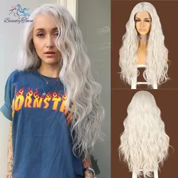 BeautyTown Silver White Grey Futura Lace Wig for Daily Makeup Cosplay Long Wave Layered Heat Resistant Synthetic Lace Front Wig