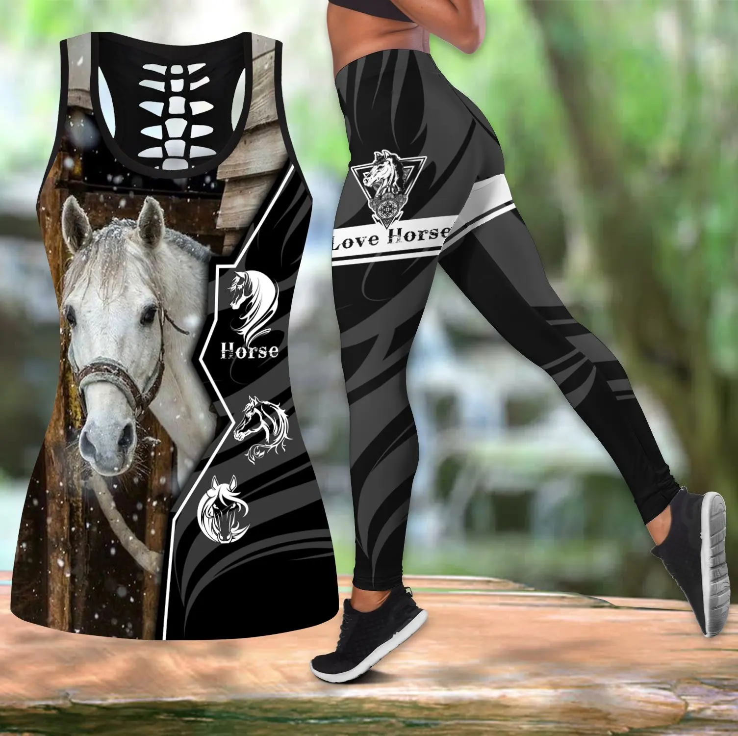 Beautiful Love Horse 3D All Over Printed Hollow Tank Top & Leggings Set Fitness Female Full Length Leggings Running Pants DDK76