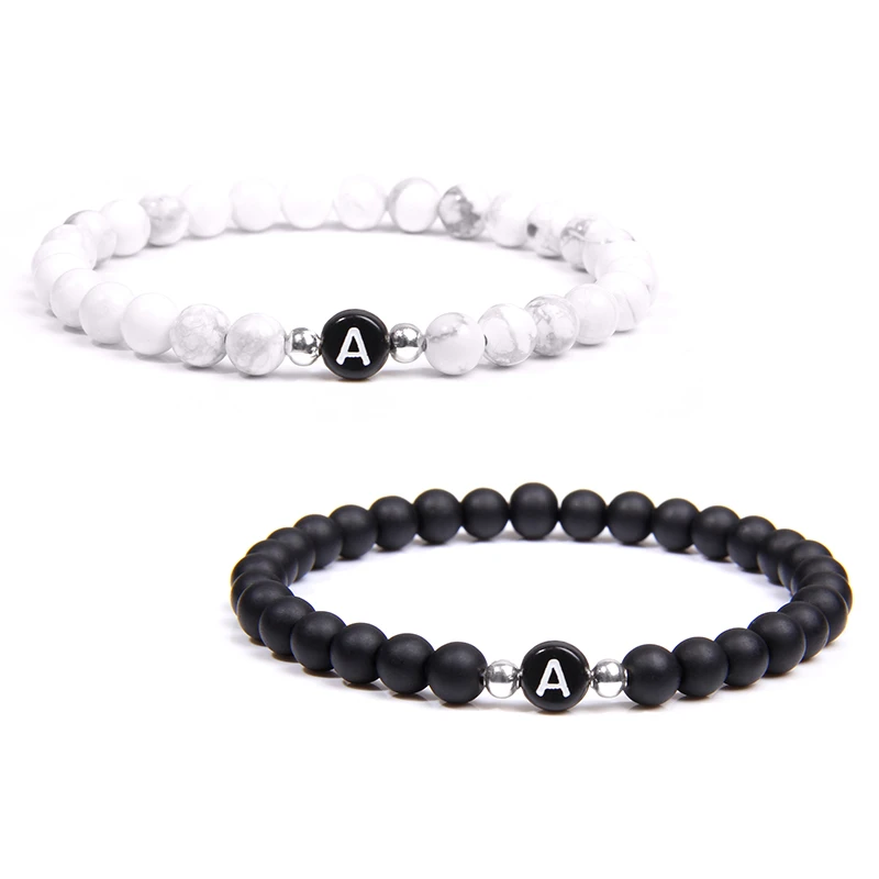 Bracelet en pierre noire et blanche pour hommes et femmes, bijoux de couple, perle porte-bonheur, cadeau de famille pour enfants, nom du navire Chia, ID 26 lettres, bricolage
