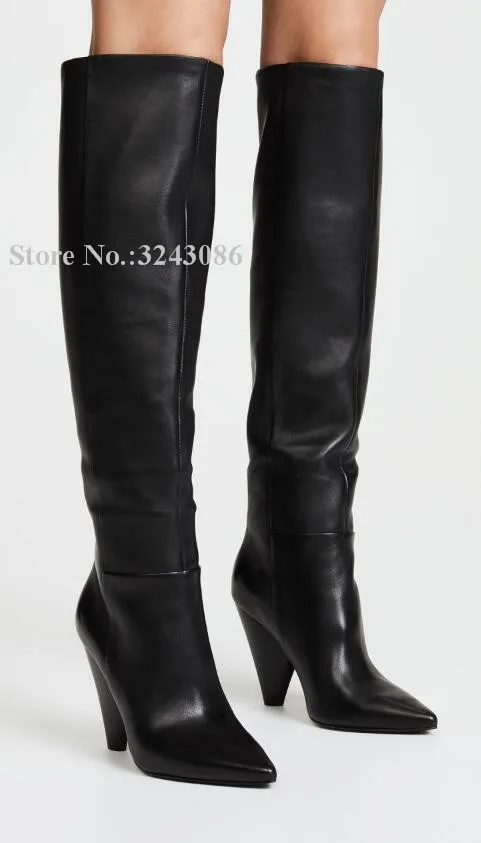 New Black Leather Spike Heel Knee High Boots Women Sexy Pointed Toe Long Boots Lady Large Size Knight Boots Dropship