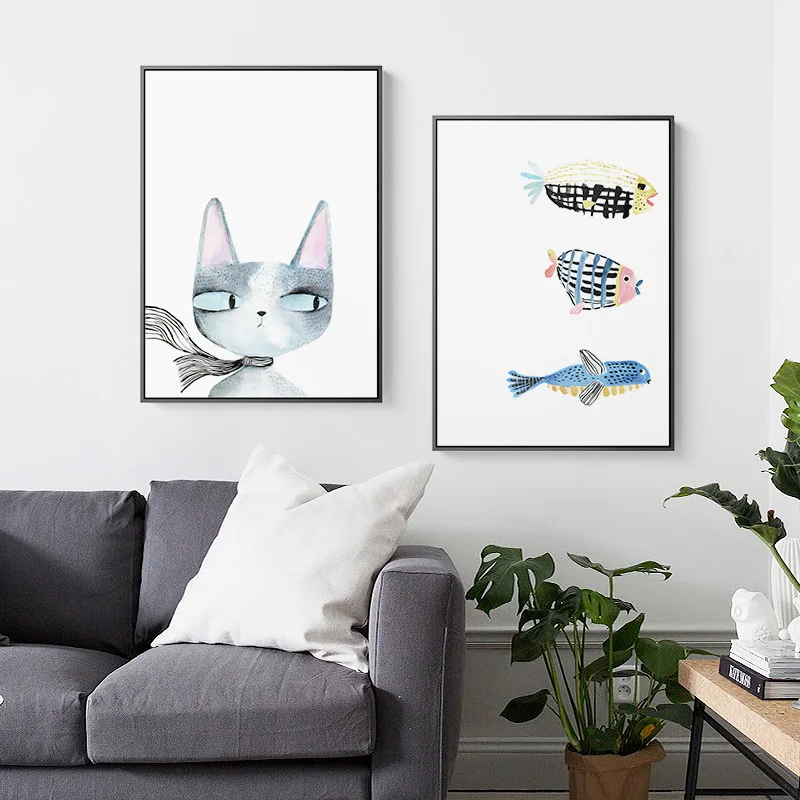 

Cartoon Animal Cat and Fish Poster Nordic Printing Wall Art Canvas Painting Decor Pictures For kid‘srroom Home Decor No Frame