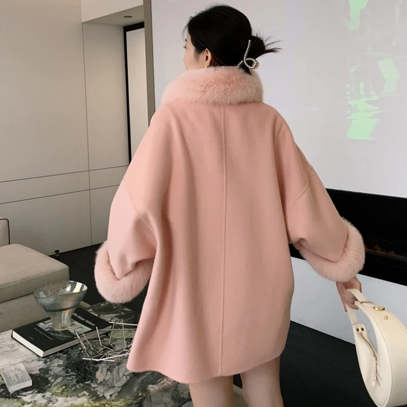 2022 Double-sided Woollen Overcoat Women Autumn/winter Cashmere New Korean Shawl  Fox Fur Collar Coat Medium Long Jacket