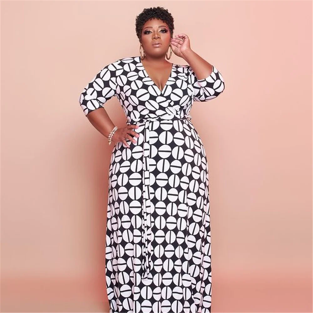 5xl 플러스 사이즈 드레스 여성 도매 Bodycon 스트레치 프린트 드레스 벨트 전체 길이 긴 소매 드레스 패션 Dropshipping