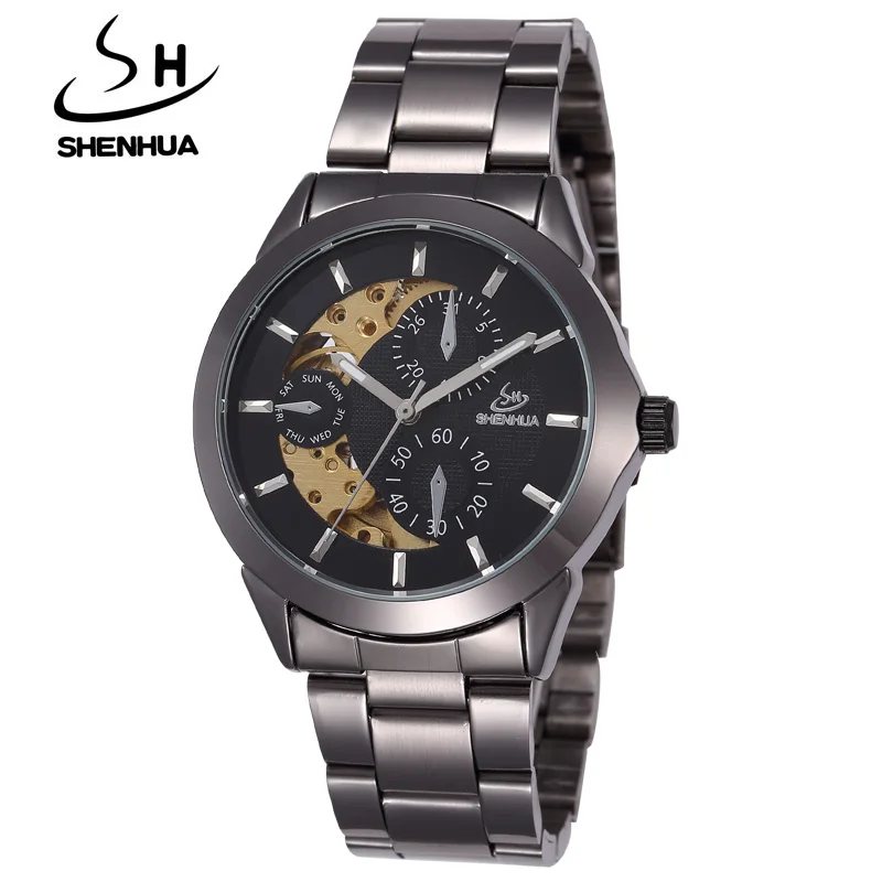 SHENHUA-relojes mecánicos automáticos para hombre, Reloj de pulsera masculino, marca famosa, Steampunk, negro, a la moda