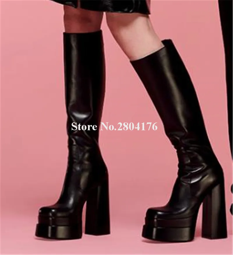 Newest Women Round Toe High Platform Chunky Heel Knee High Boots Black White Leather Slim Thick Heel Long Boots Sexy Party Shoes