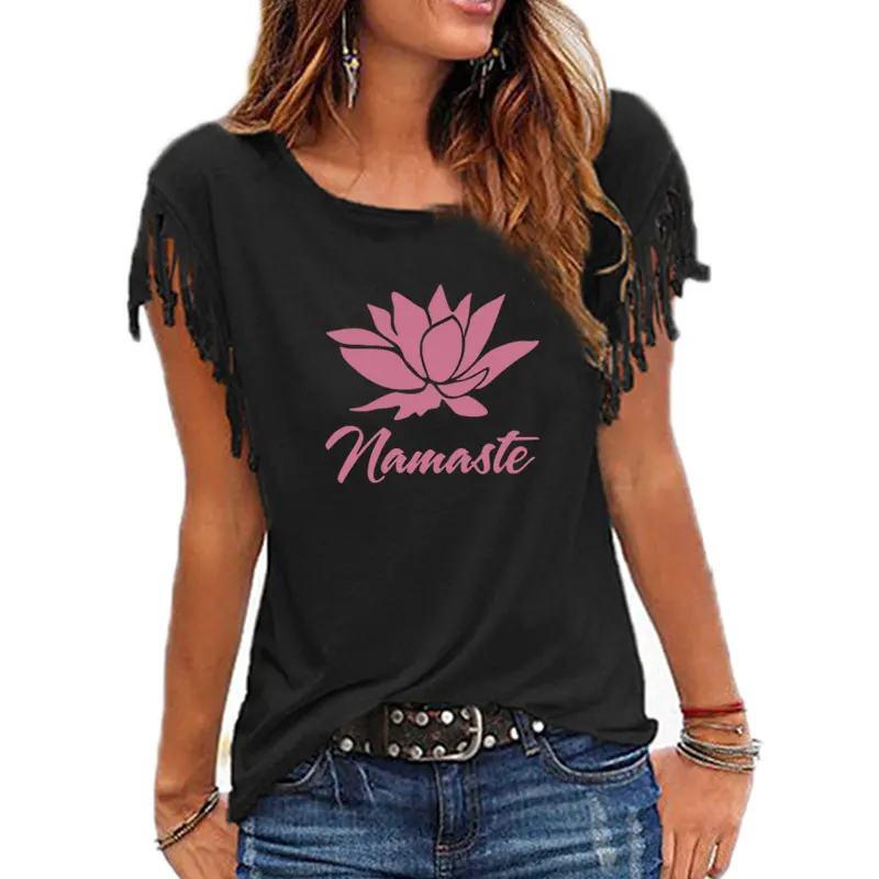 

NAMASTE Print Women Tshirt Casual Cotton Hipster Funny t Shirt For Girl Cotton Tassel Short Sleeve O-neck Top Tees