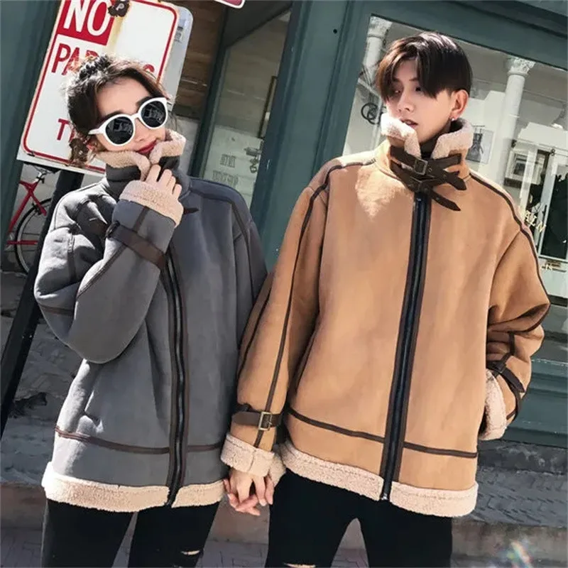 Spring Couple's Cotton Jacket Fashion Loose Thick Lamb Wool Jackets Trendy Locomotive Clothing Men And Women Warm Coat Student