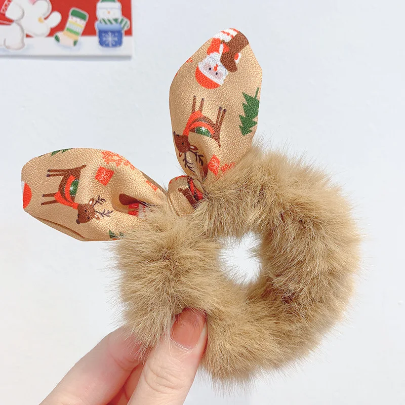 Christmas Print Cute Rabbit Ear Fluffy Faux Fur Scrunchie Girls Hair Bands Rubber Band Women Hair Rope Ties For Hair Accessories