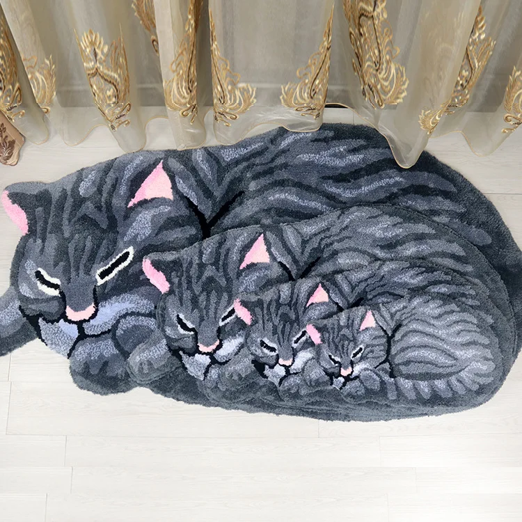 Anti-slip 3D Cat Shape Rug for Children\'s Room Decoration Handmade Carpet Door Mat Gray Brown Living Room Bathroom Area Rug