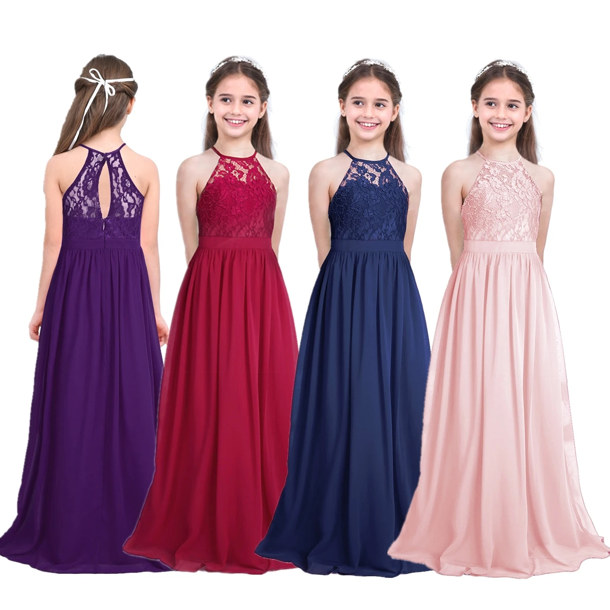 

6-16 Yrs Lace Chiffon Flower Girl Dress Sleeveless Halter Princess Pageant Wedding Bridesmaid Birthday Party Pageant Maxi Dress