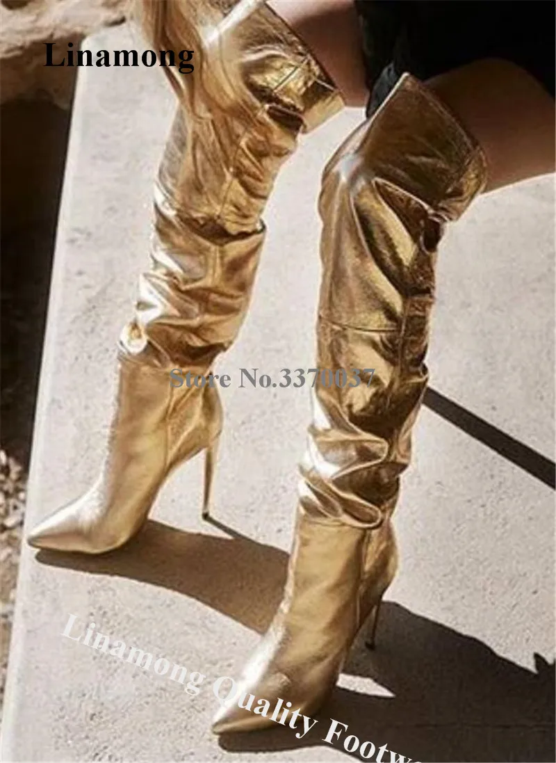 Linamong Shining Gold Leather Over Knee Stiletto Heel Boots Slip-on Long High Heel Boots Club Dress Shoes Big Size Boots