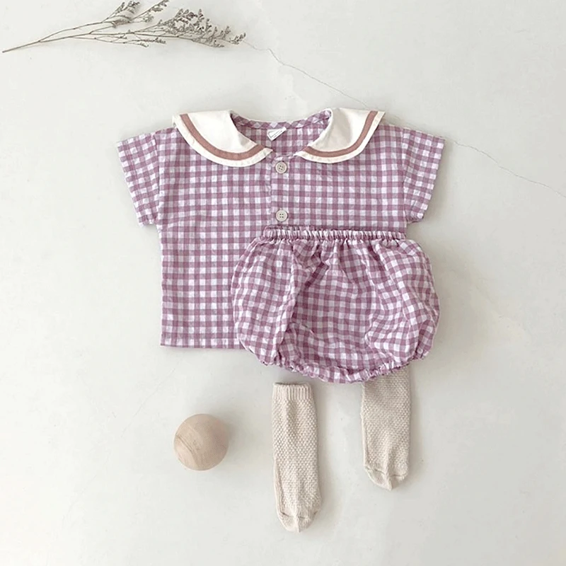 Baby Clothes Plaid tees and Cotton Bloomer 2Pcs Sets Trun-down Collar Toddler Suit Korean Infant Outfits