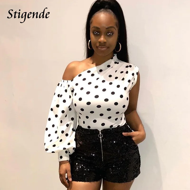 Stigende Sexy Lantern Sleeve Polka Dot Crop Blouse Women Casual Slash Neck Short Blouse Fashion One Shoulder Shirts Blouses