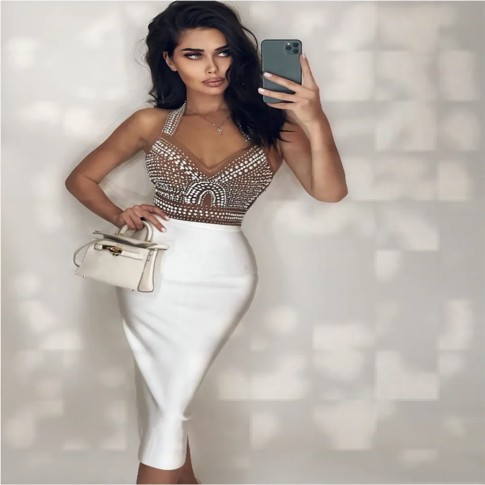 Top Quality High Street White Black Sexy Off Shoulder Sleeveless Beading Shining Knee Length Bandage Dress 2021 Celebrity Party