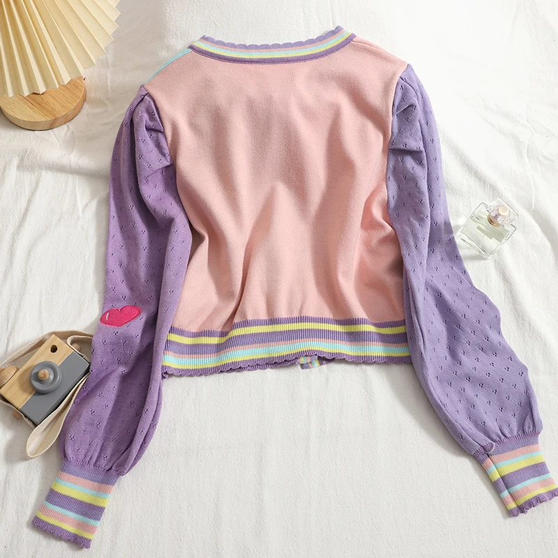 Autumn Sweet Puff Sleeve Embroidered Flower Sweater Bow Love Heart Cherry Strawberry Cardigans Short Contrast Jacket Knit Pull