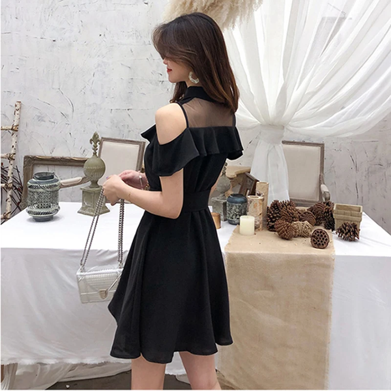 Women\'s Single-Breasted Gothic Dress Black Off Shoulder Mesh Patchwork Female Mini Dresses Belted New Summer 2024