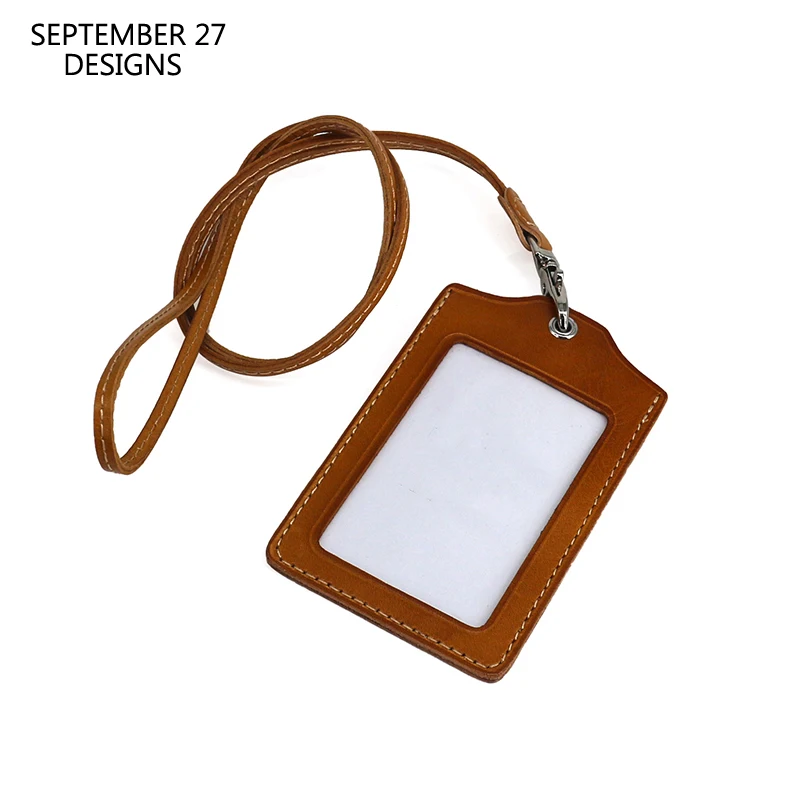 

ID Badge For Office Work Genuine Leather Luxury Handmade Cowhide Neck Lanyard Vertical Identity Bus Card Wallet