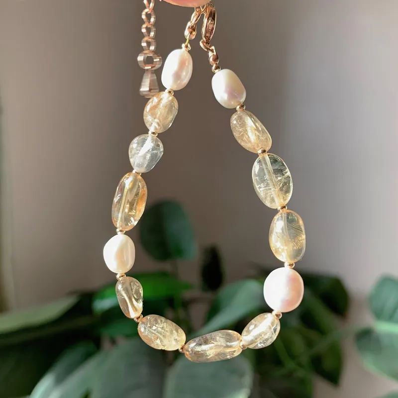 Rock Crystal Mineral Stone Strand Bracelet Baroque Freshwater Pearl Charm Natural Citrines Yellow Quartz Bracelet for Women Girl