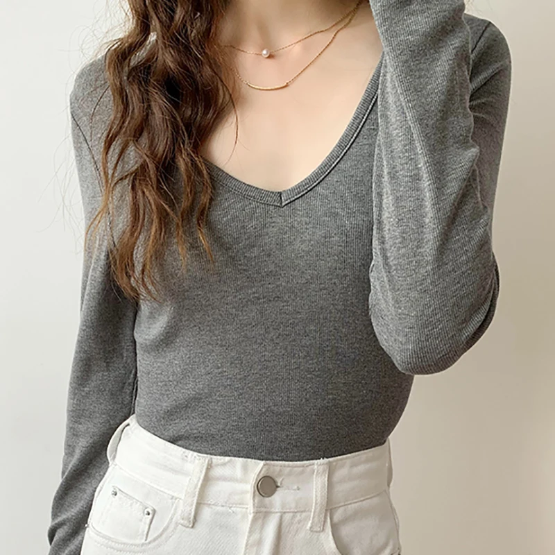 

Женская футболка, Осенний Топ с длинным рукавом, облегающие футболки с V-образным вырезом, Корейская одежда, базовая обтягивающая хлопковая футболка, женская футболка 2021 Poleras Mujer