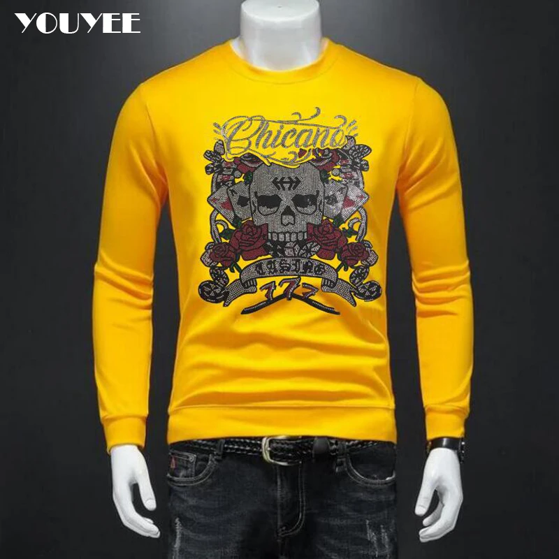 Hoodies Male Skull Rhinestone Plush Light luxury Streetwear 2021 New Design Autumn Winter Punk Hip Hop Pullover Men’s Clothing