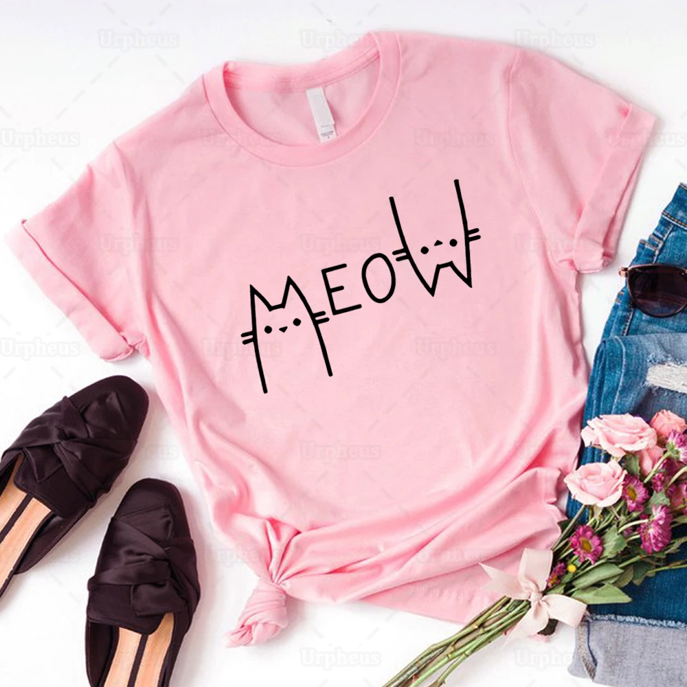 Cute Meow T Shirt Aesthetic Cat Mom Gift Cotton Top Tees