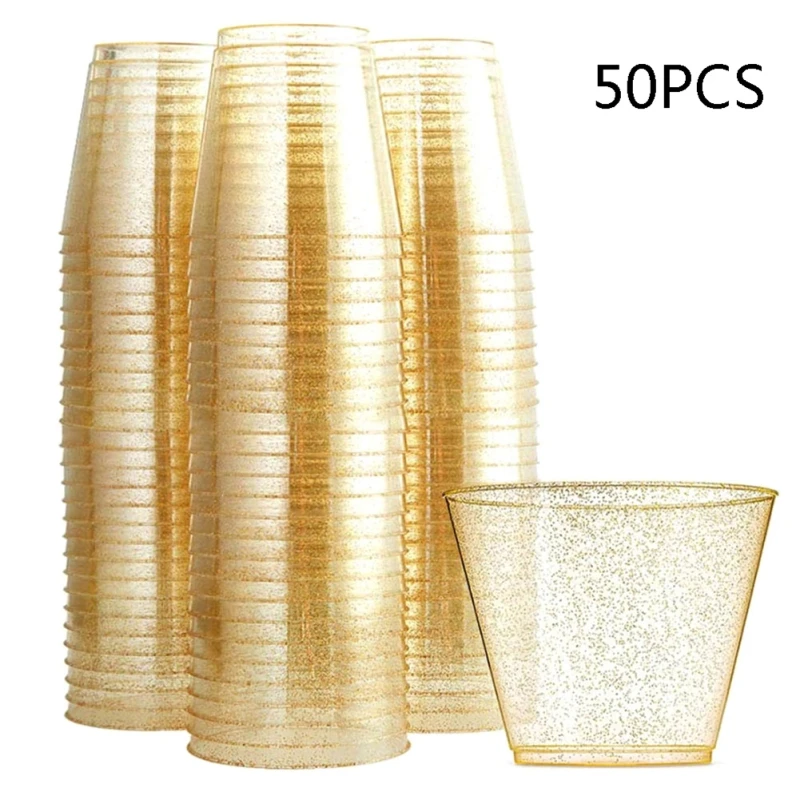 50pcs Disposable Plastic Cups Gold Glitter Water Cups Food Container for Wedding Party Jelly Yogurt Mousses Dessert Baking Cup