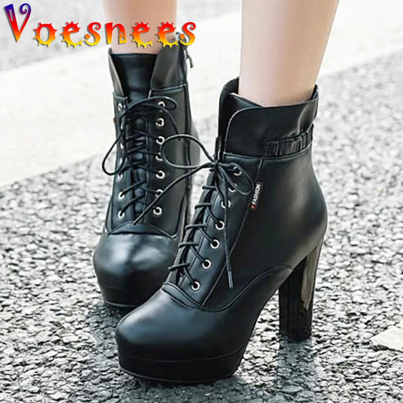 Ankle Boots Women Autumn and Winter Velvet  Boots Women's Shoe Square heel Thick Heel Rround Toe Lace-up High Heels