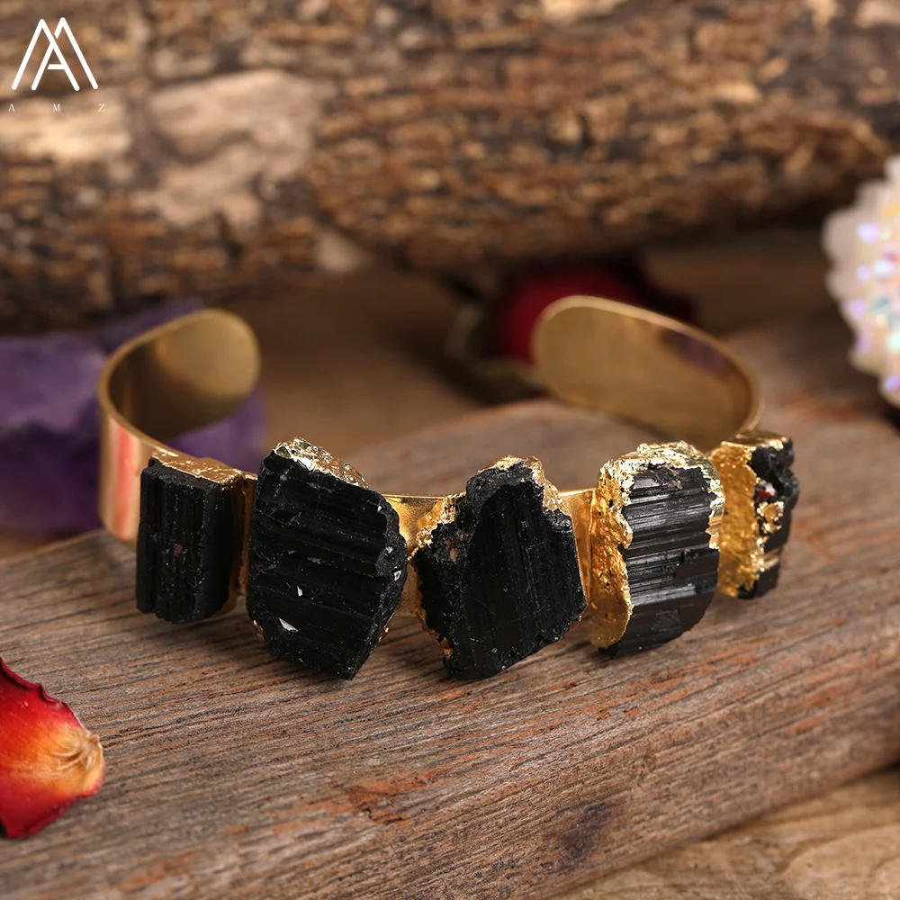 Luxury Women Natural Stone Beads Open Cuff Wristband Bracelet Amethysts Quartz Black Tourmaline Bracelet Jewelry Dropship Gift