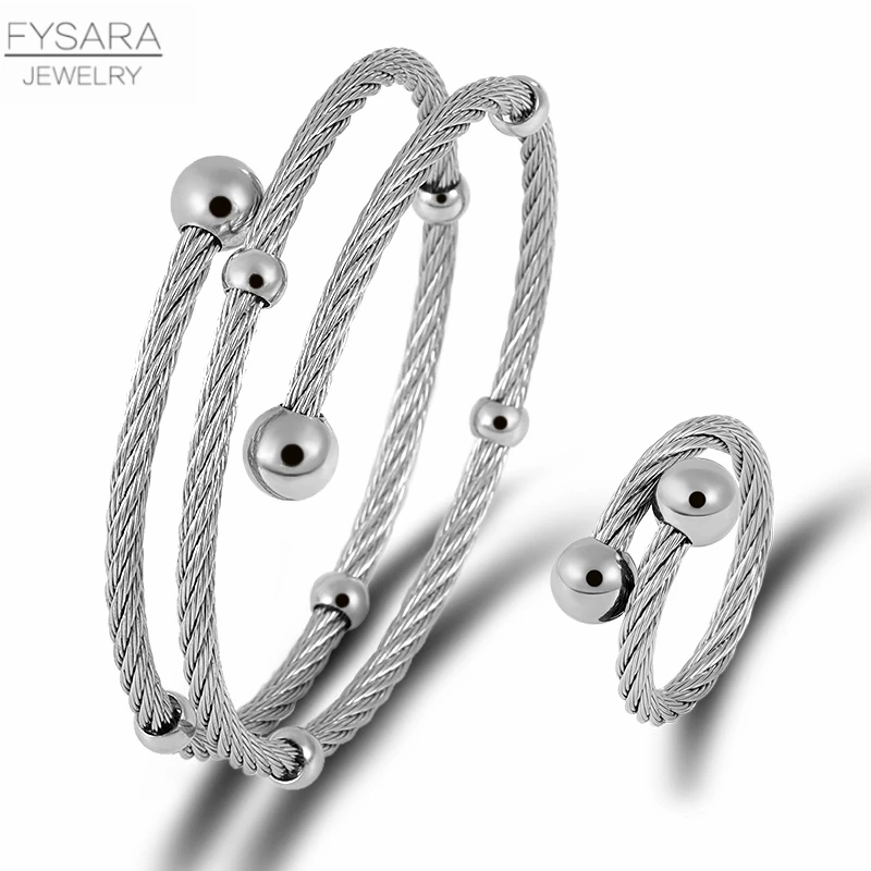 FYSARA Multi-layer Rope Cable Wire Fashion Jewelry Set Women Stainless Steel Bracelet Ring Round Ball Trendy Jewelry Set Couple