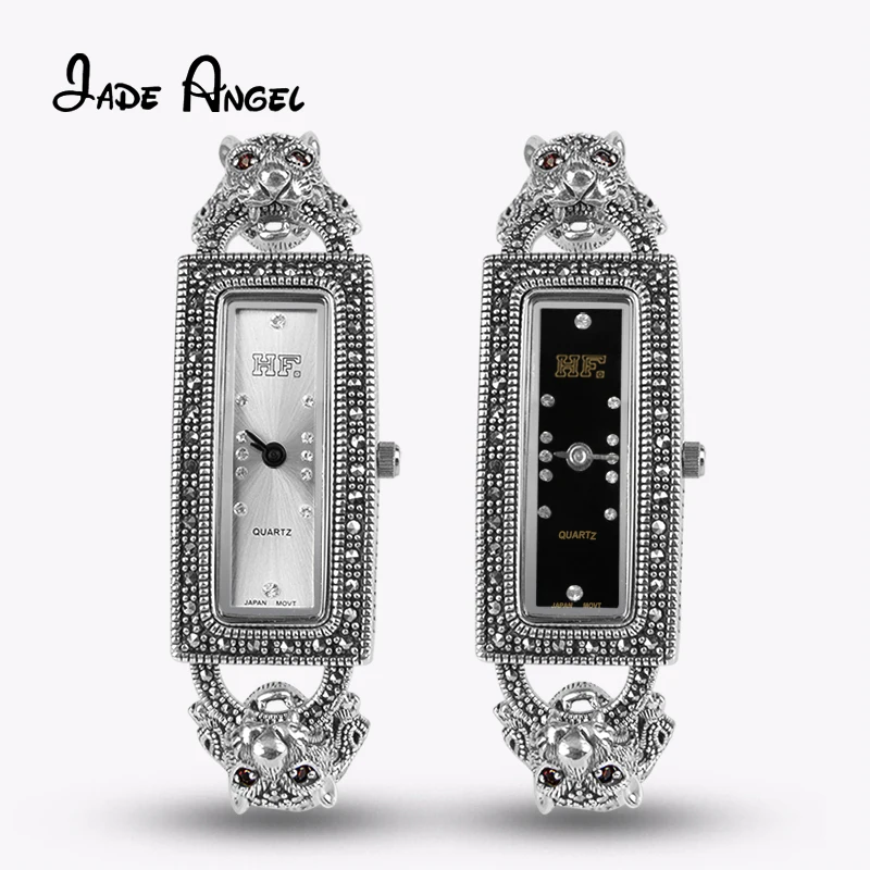 

Jade Angel Women Wrist Watches Leopard Pave Marcasite Black 925 Silver Vintage Bracelet Thanksgiving Gifts Mother's Day Gifts