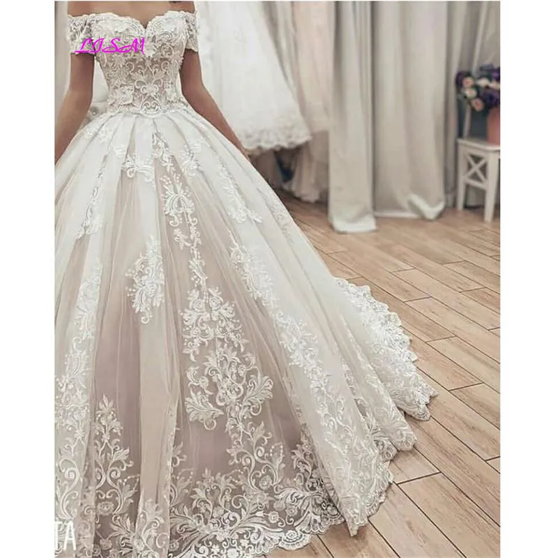 Muslim Lace Ball Gown Wedding Dresses 2021 Gorgeous Sweetheart Off the Shoulder Appliques Bridal Dress Long Wedding Party Gowns