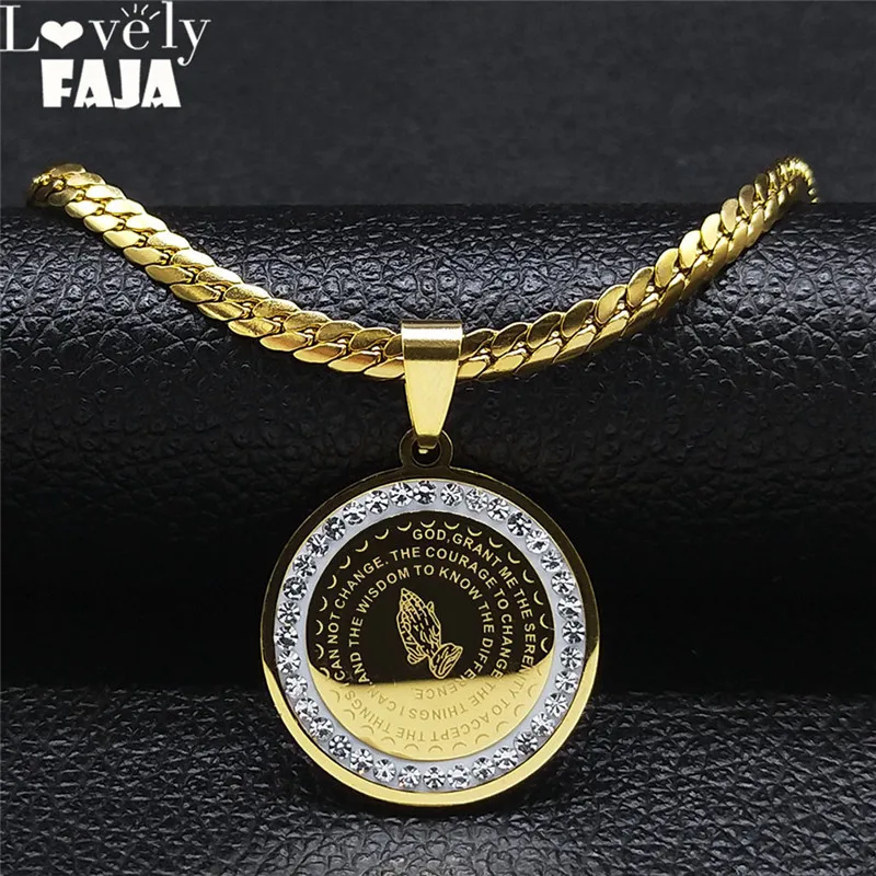 

Crystal Stainless Steel Bible Fold Hand Praying Necklaces Men Chain With Pendant The Lord Prayer Cross Necklace Jewelry chaine