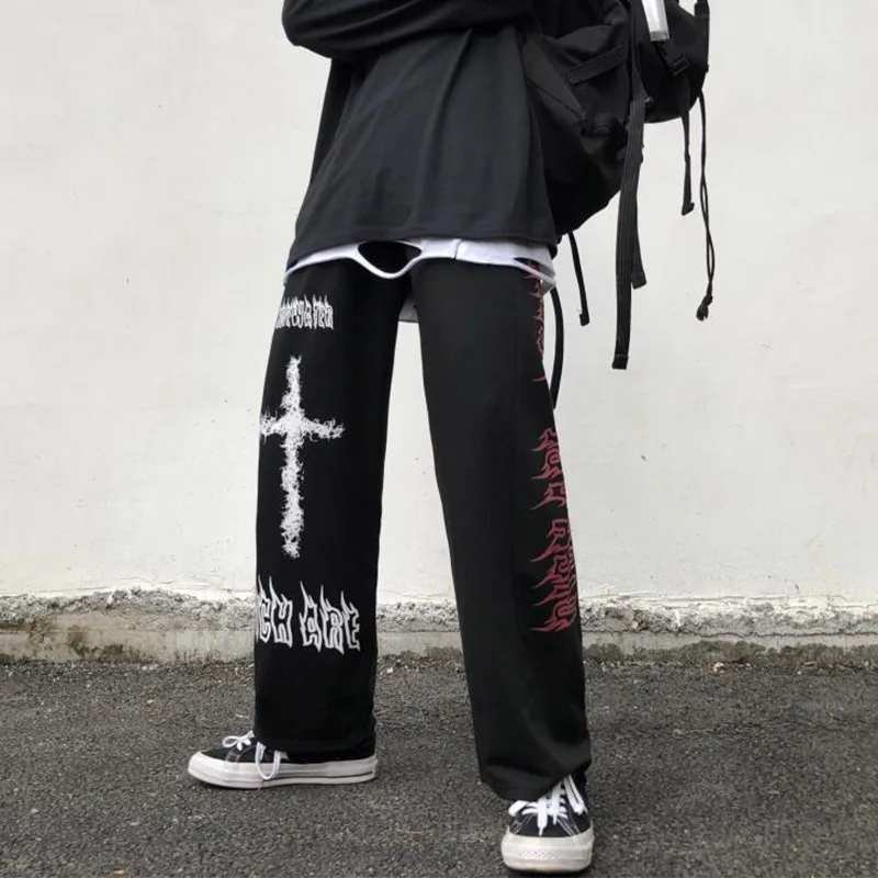 Aolamegs Gothic Pants Men Japanese Casual Sweatpants Graffiti Anime Punk Hippie Wide Leg Trouser Harajuku High Street Streetwear