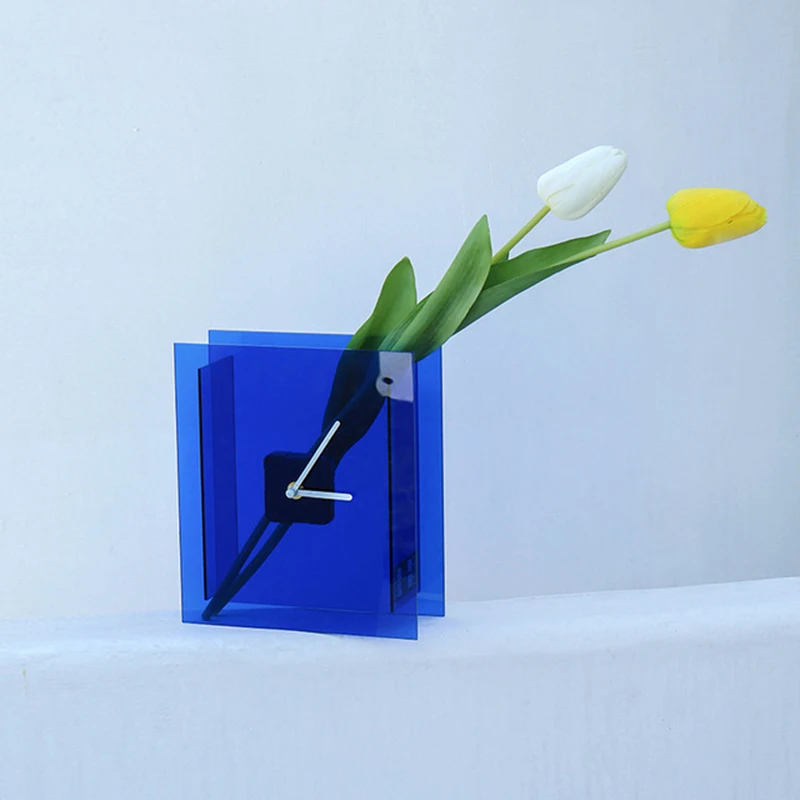 Acrylic Simple Creative Home Blue Square Clock Ornament Dried Flower Vase Simple Art Clock Living Room Bedroom Clock Decoration