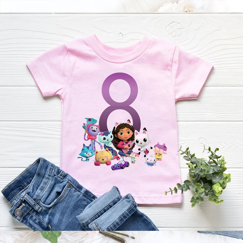 Fashion Children'S Tshirts 2-12 Years Old Birthday Number Gabbys Doll House Cartoon Print Girls T-Shirts Birthday Party Clothing