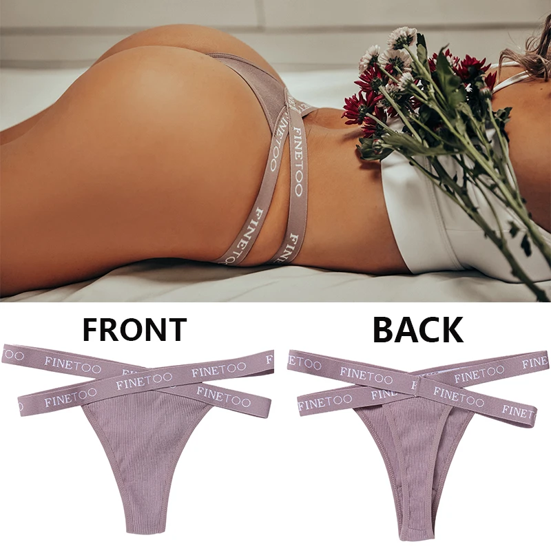 FINETOO 2PCS/Set Women\'s Cotton G-string Sexy Cross Strap Panties Letter Waisted Underwear Thongs Femme Hollow Out Lady Briefs