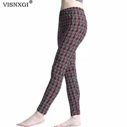 VISNXGI Women Yoga Leggings Soft Workout Pants Red Coffee Thin Plaid Gym Sports Fitness High Waist Push Up Ankle-Length Clothes